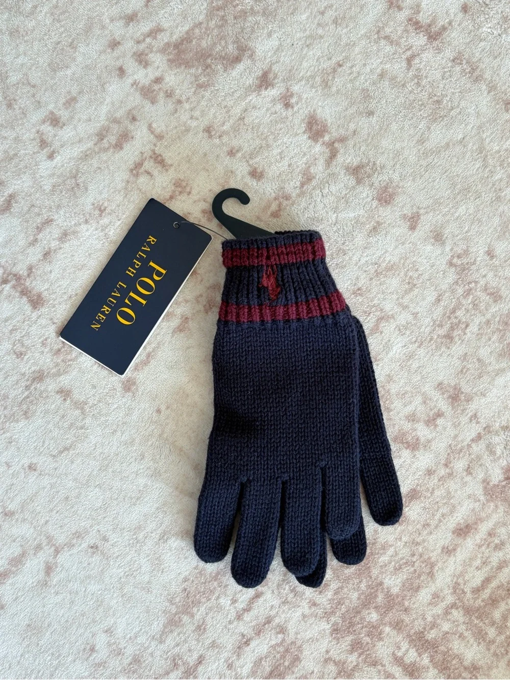 Polo by Ralph Lauren Navy Knit Gloves with Red Stripe cotton 4-7 y